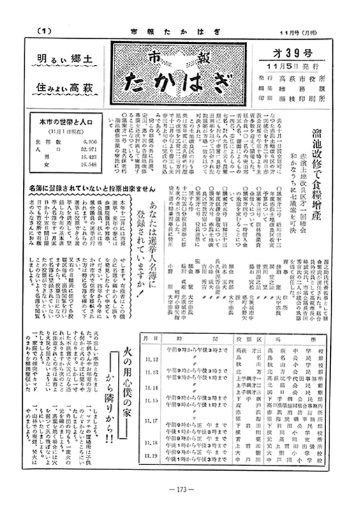 市報たかはぎ 1958年11月の表紙